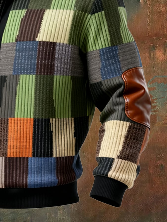 Men's Retro Color Block Print Casual Fur Collar Sweatshirt