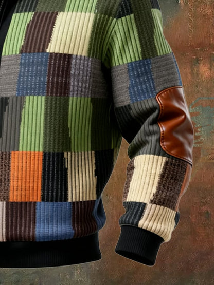 Men's Retro Color Block Print Casual Fur Collar Sweatshirt
