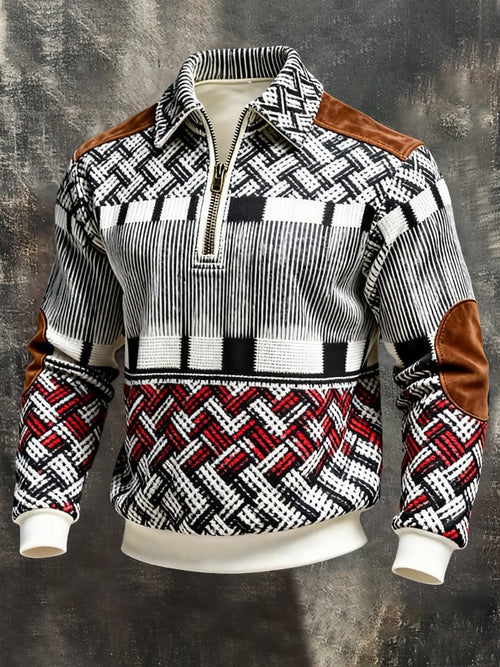 Men's Retro Color Block Print Color-Blocked Zip-Up Sweatshirt