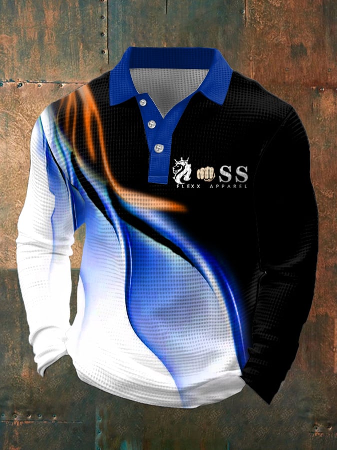 Men's Retro Letter Design Waffle Fabric Long Sleeve Polo Shirt