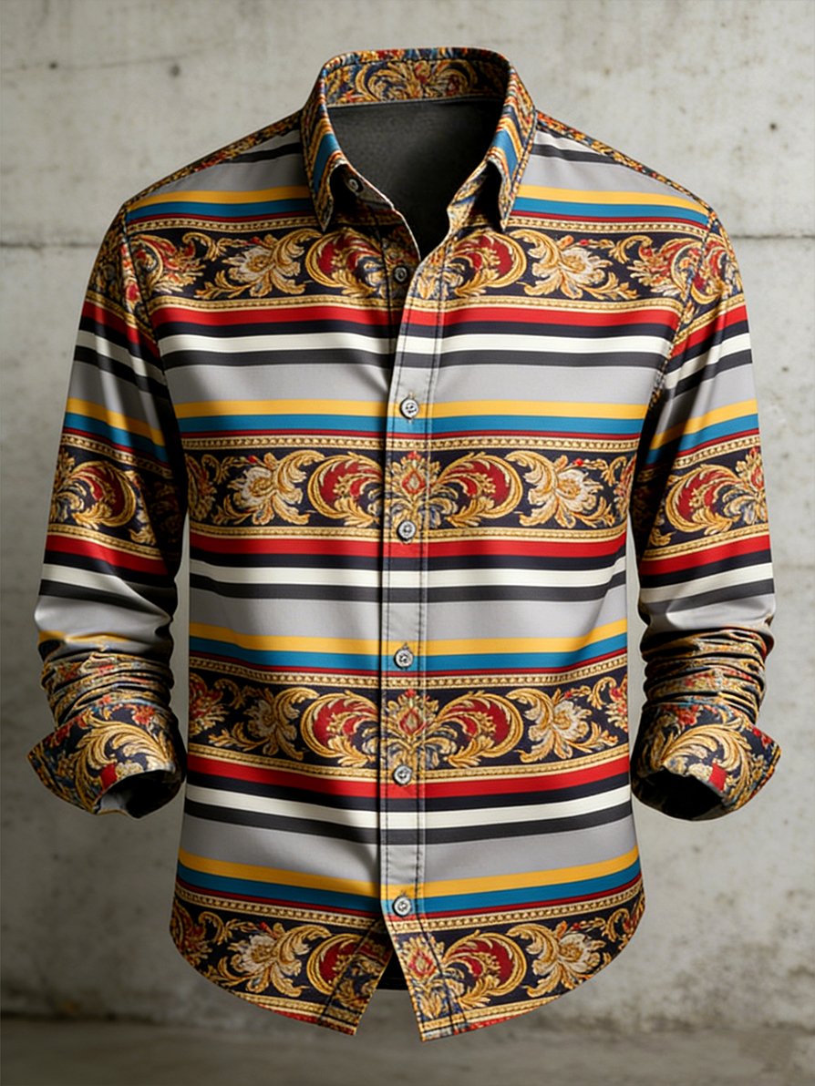 Men's Retro Business Color Block Striped Pattern Long-Sleeve Shirt