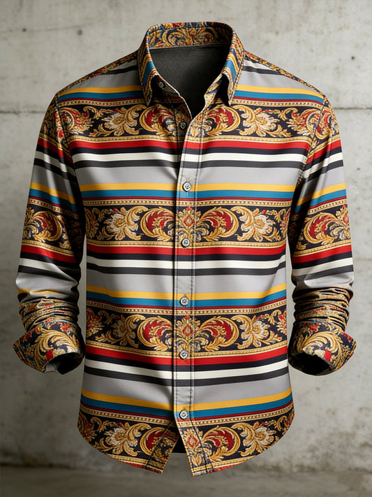 Men's Retro Business Color Block Striped Pattern Long-Sleeve Shirt