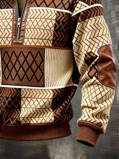 Men's Retro Color Block Print Color-Blocked Zip-Up Sweatshirt