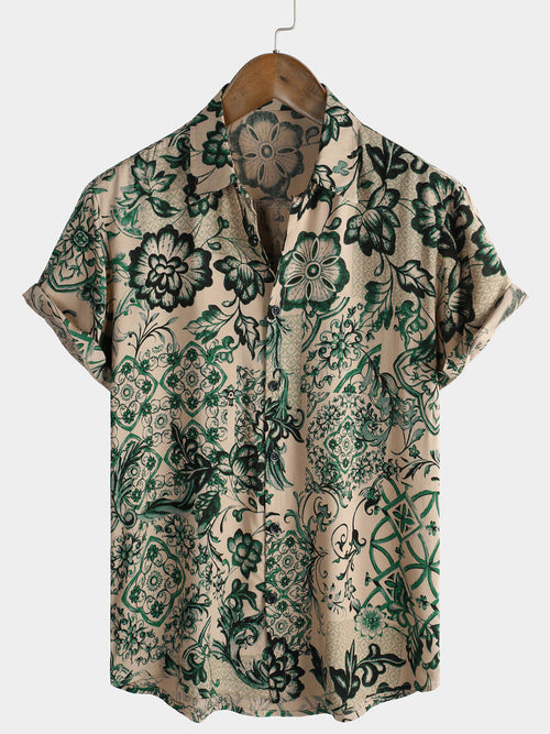 Men's Floral Print Vintage Holiday Breathable Hawaiian Short Sleeve Shirt