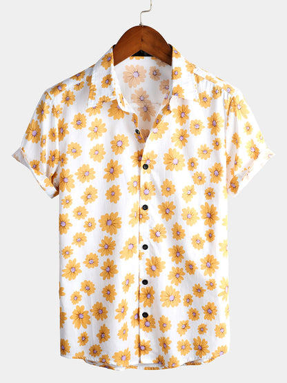 Men's Navy Blue Daisy Hawaiian Short Sleeve Shirt