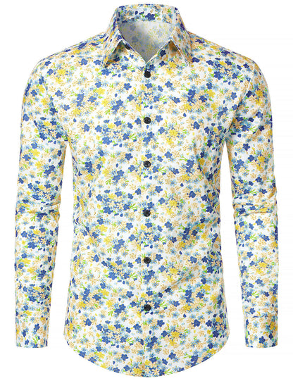 Men's White Breathable Cotton Floral Print Long Sleeve Shirt