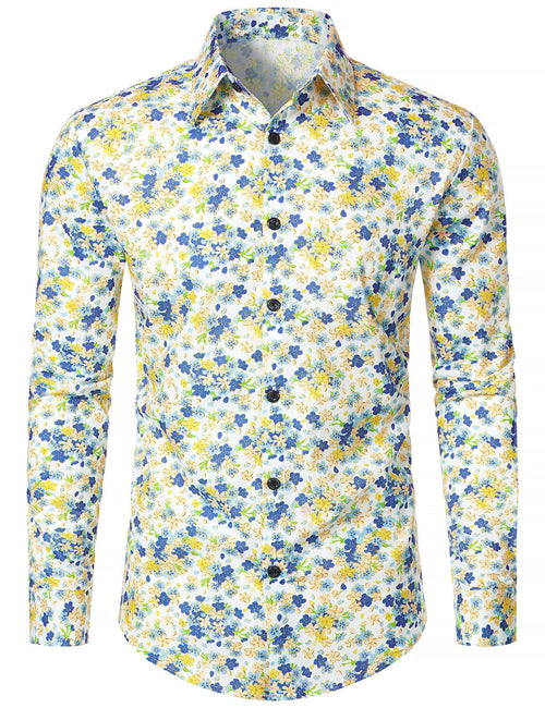 Men's White Breathable Cotton Floral Print Long Sleeve Shirt