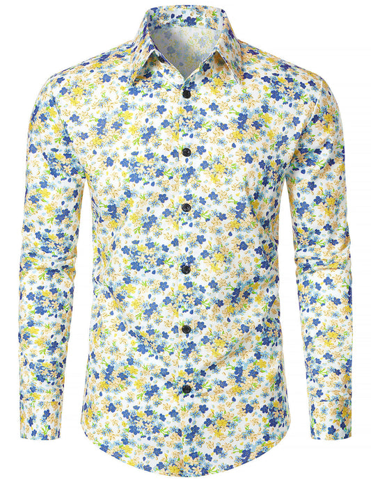 Men's White Breathable Cotton Floral Print Long Sleeve Shirt