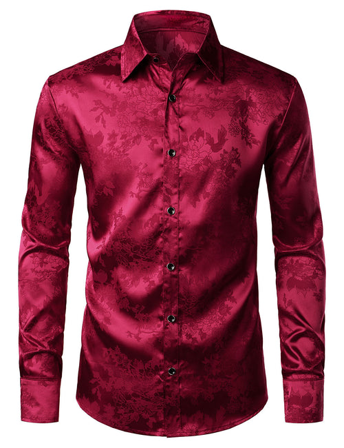 Men's Shiny Satin Floral Jacquard Red Button Up Long Sleeve Dress Shirt