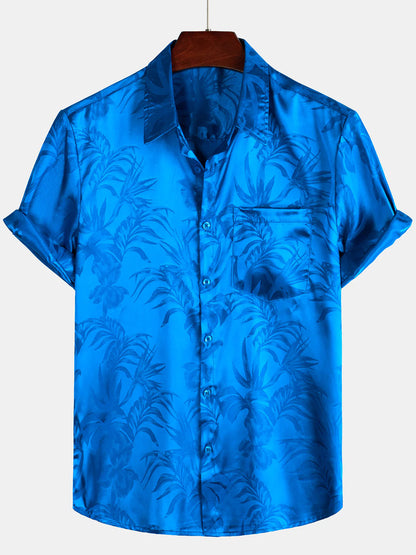 Men's Jacquard Flowers Button Up Pocket Floral Summer Cool Short Sleeve Tops Beach Vacation Shirt