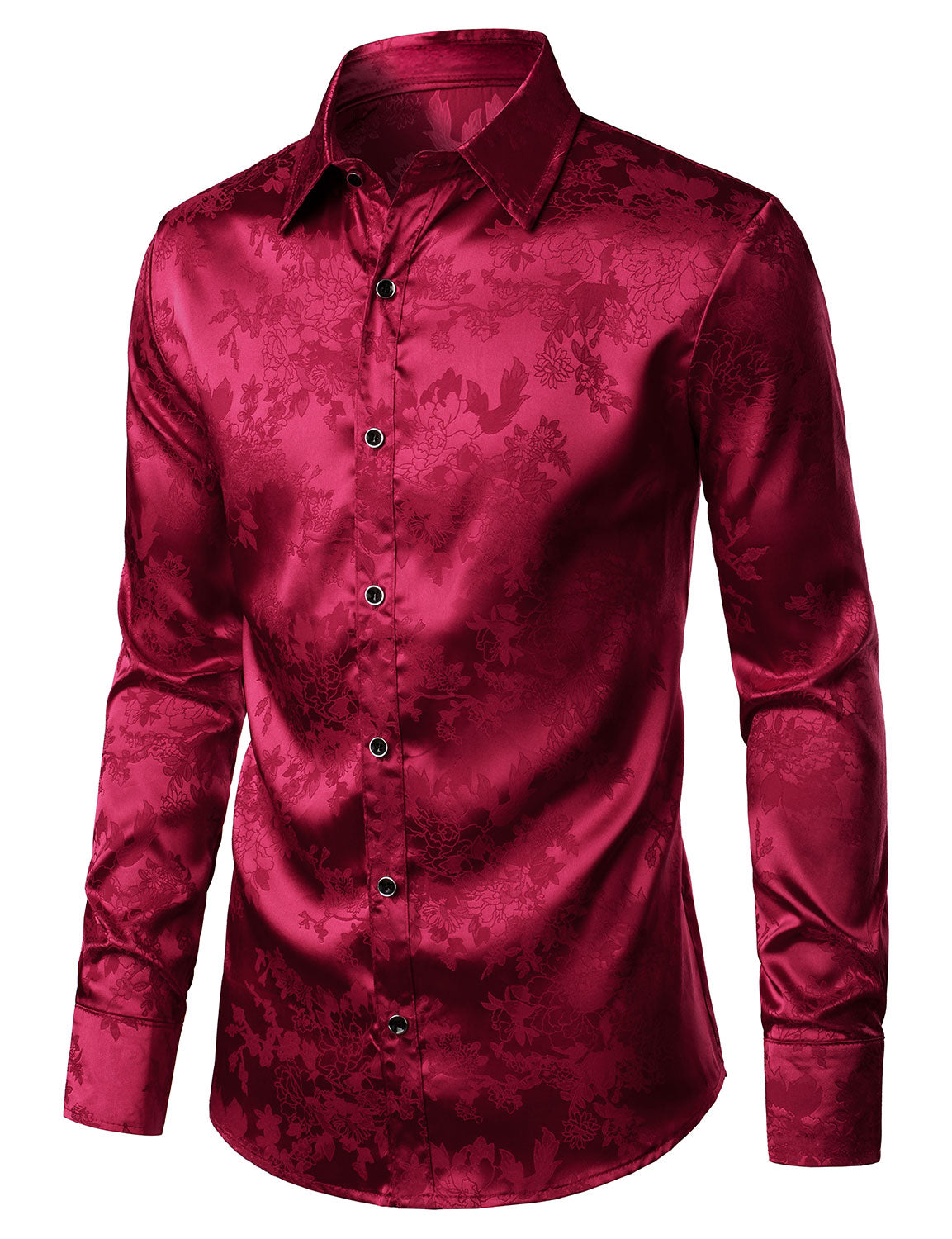 Men's Shiny Satin Floral Jacquard Red Button Up Long Sleeve Dress Shirt