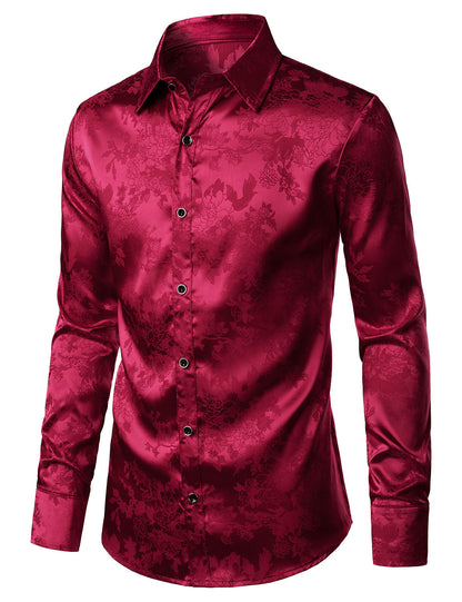 Men's Shiny Satin Floral Jacquard Red Button Up Long Sleeve Dress Shirt