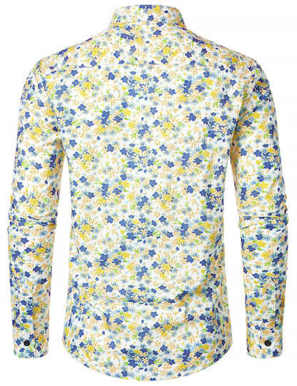 Men's White Breathable Cotton Floral Print Long Sleeve Shirt