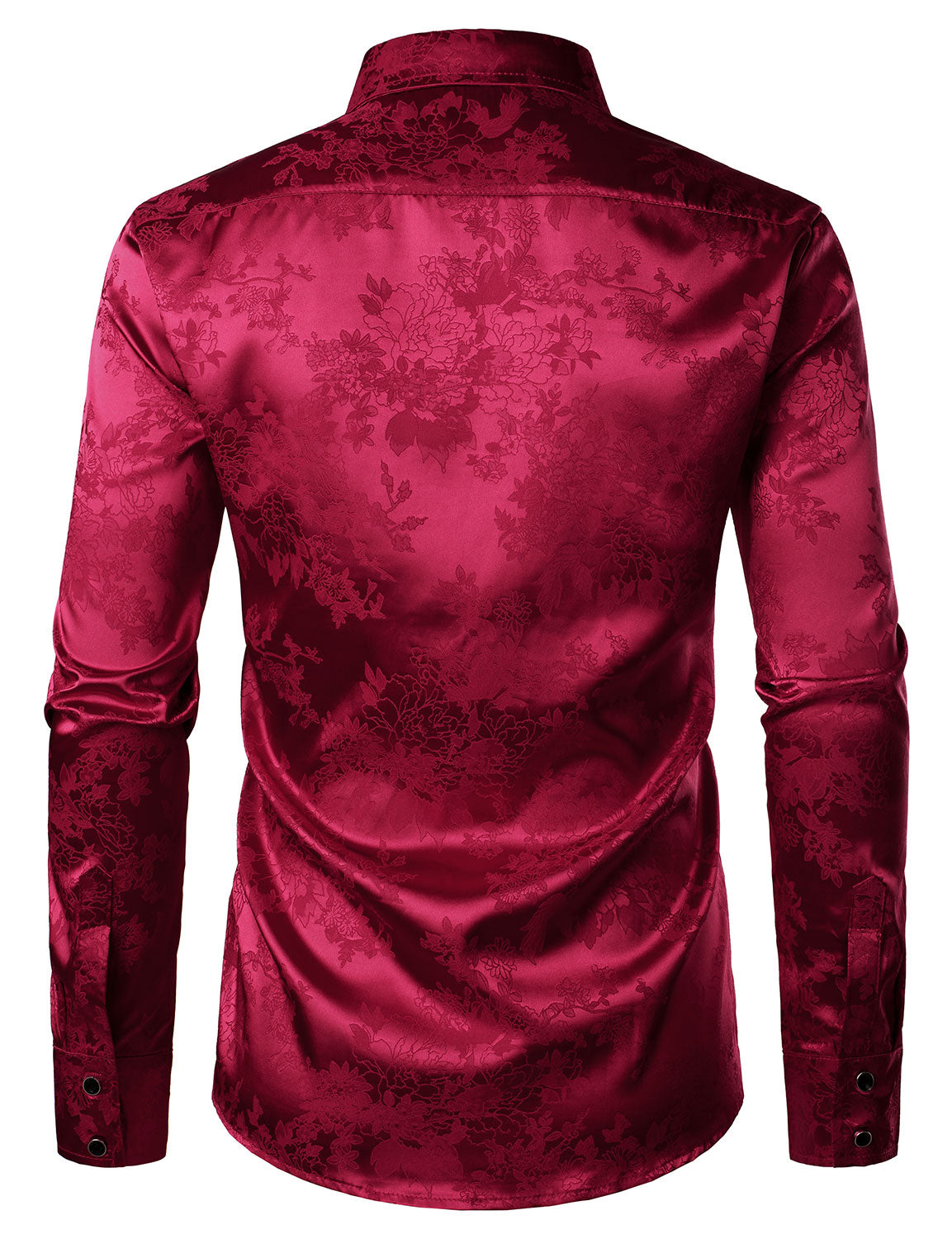 Men's Shiny Satin Floral Jacquard Red Button Up Long Sleeve Dress Shirt