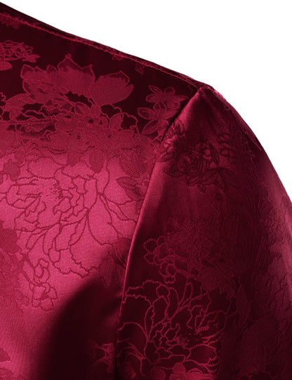 Men's Shiny Satin Floral Jacquard Red Button Up Long Sleeve Dress Shirt