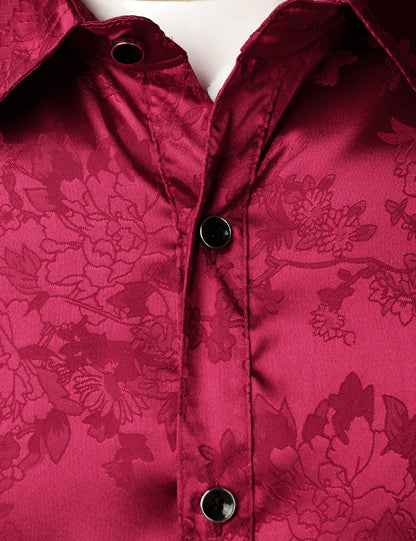 Men's Shiny Satin Floral Jacquard Red Button Up Long Sleeve Dress Shirt