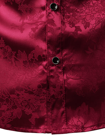 Men's Shiny Satin Floral Jacquard Red Button Up Long Sleeve Dress Shirt