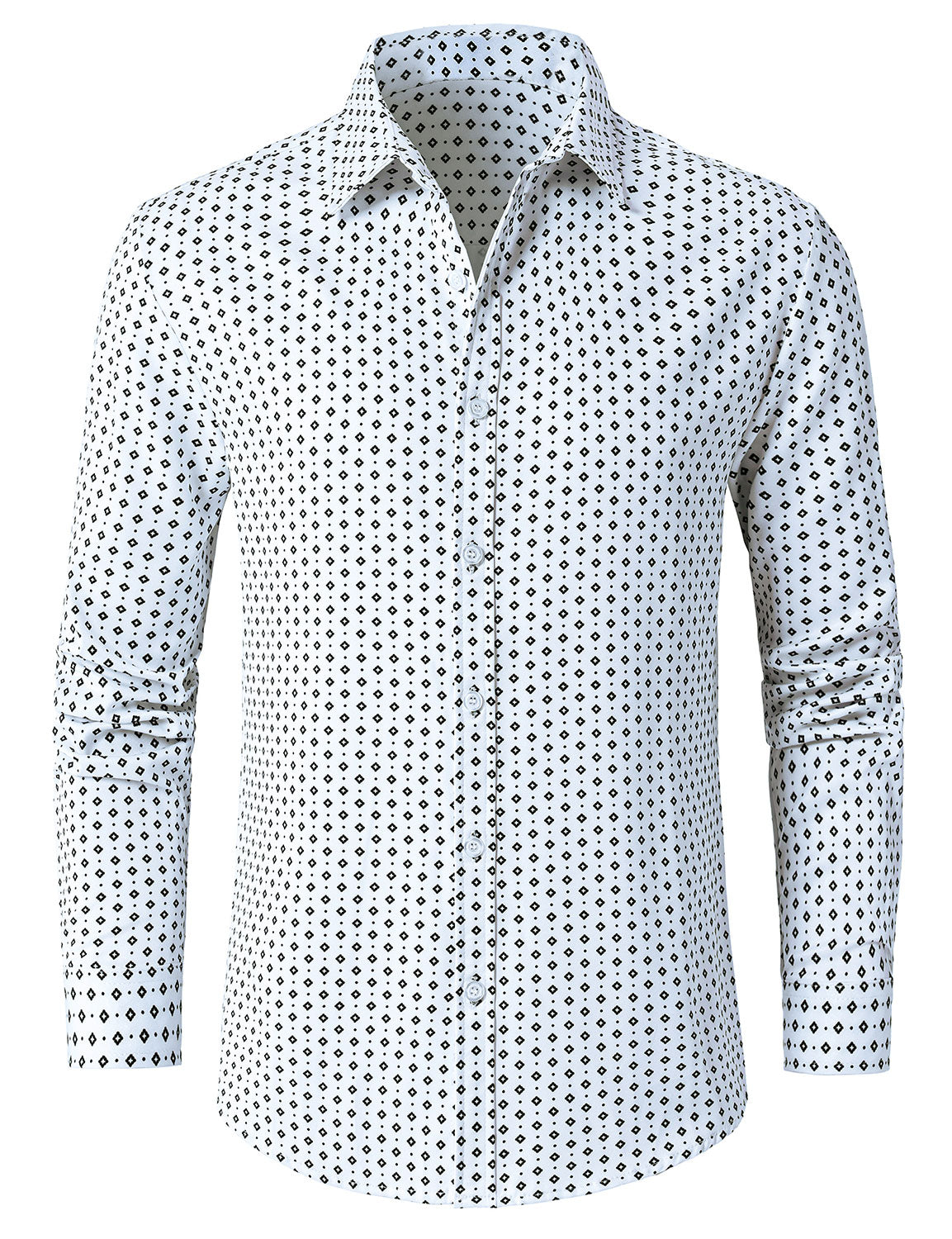 Men's White Retro Geometric Print Long Sleeve Shirt