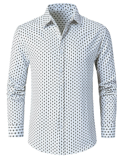 Men's White Retro Geometric Print Long Sleeve Shirt