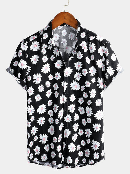 Men's Navy Blue Daisy Hawaiian Short Sleeve Shirt
