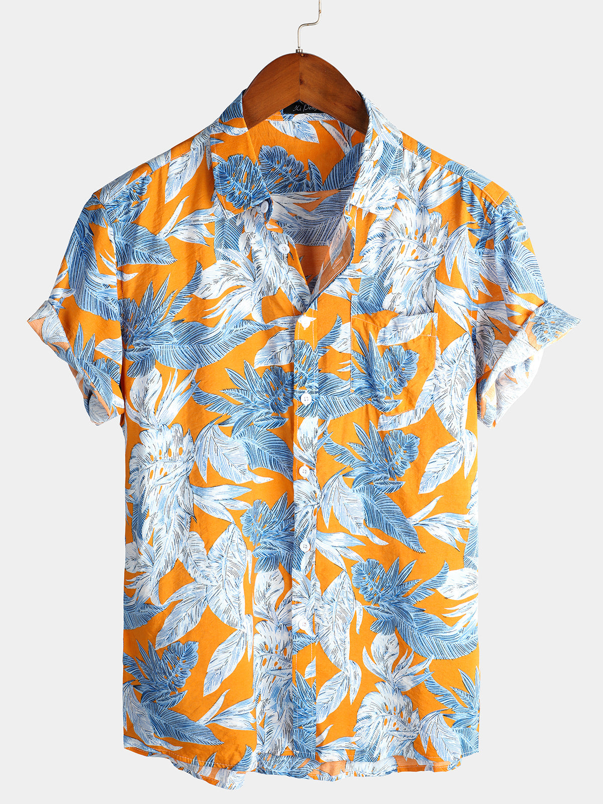 Men's Tropical Leaf Print Pocket Short Sleeve Shirt