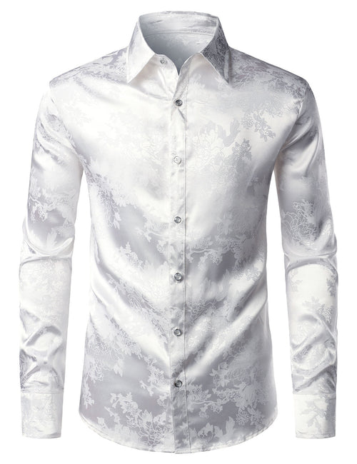Men's Floral Jacquard Shiny Satin White Long Sleeve Button Up Dress Shirt