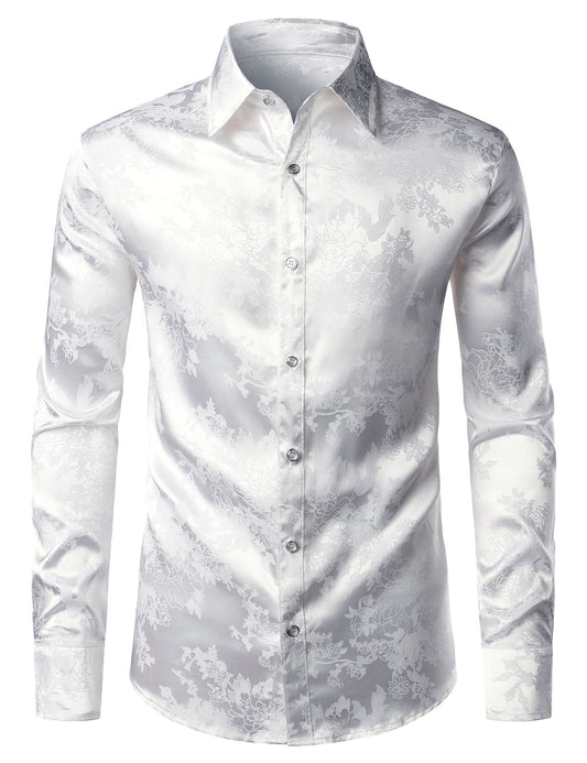 Men's Floral Jacquard Shiny Satin White Long Sleeve Button Up Dress Shirt