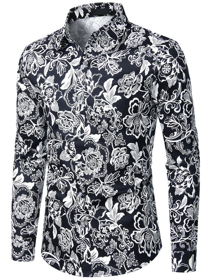 Men's Floral Cotton Casual Button Down Long Sleeve Shirt