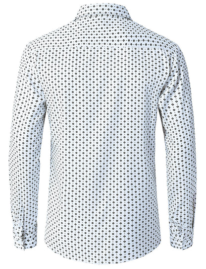 Men's White Retro Geometric Print Long Sleeve Shirt