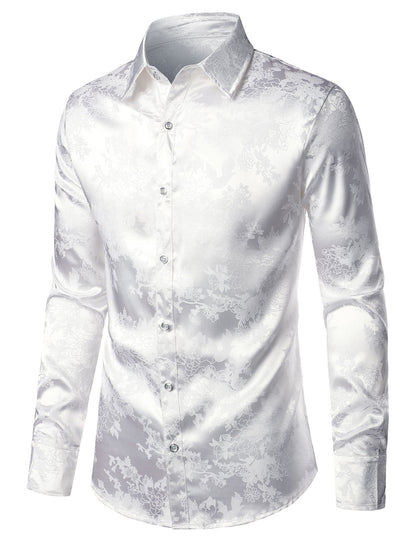 Men's Floral Jacquard Shiny Satin White Long Sleeve Button Up Dress Shirt