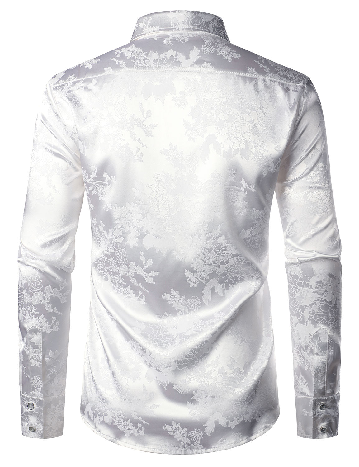 Men's Floral Jacquard Shiny Satin White Long Sleeve Button Up Dress Shirt