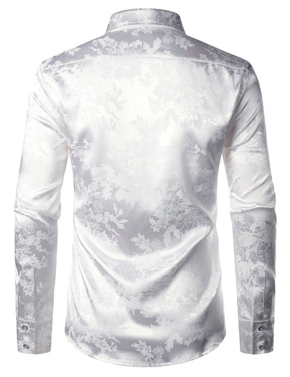 Men's Floral Jacquard Shiny Satin White Long Sleeve Button Up Dress Shirt