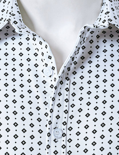 Men's White Retro Geometric Print Long Sleeve Shirt