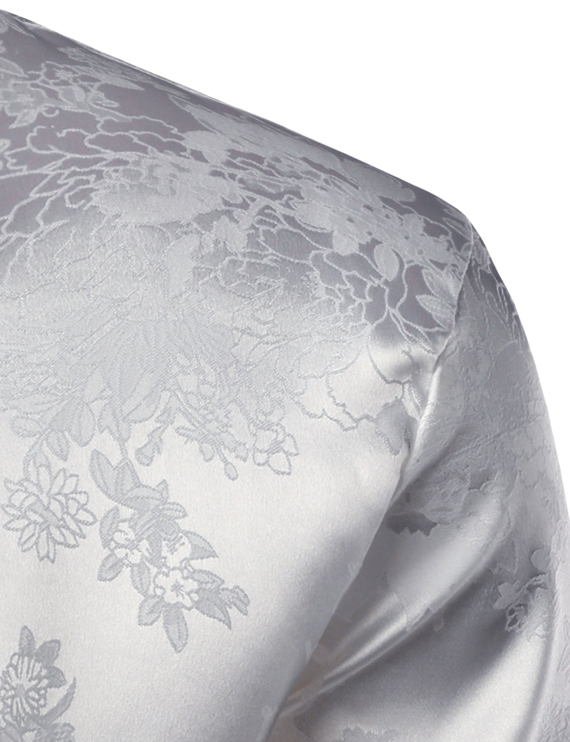 Men's Floral Jacquard Shiny Satin White Long Sleeve Button Up Dress Shirt