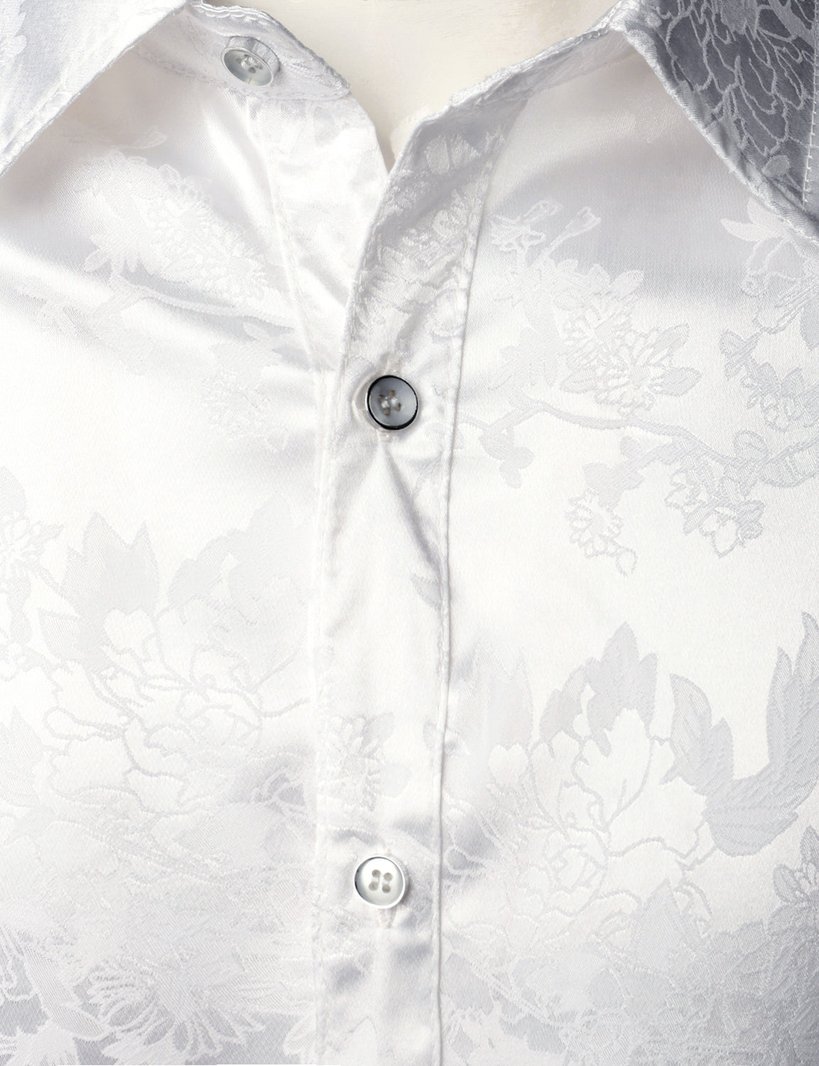Men's Floral Jacquard Shiny Satin White Long Sleeve Button Up Dress Shirt