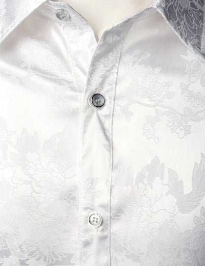 Men's Floral Jacquard Shiny Satin White Long Sleeve Button Up Dress Shirt