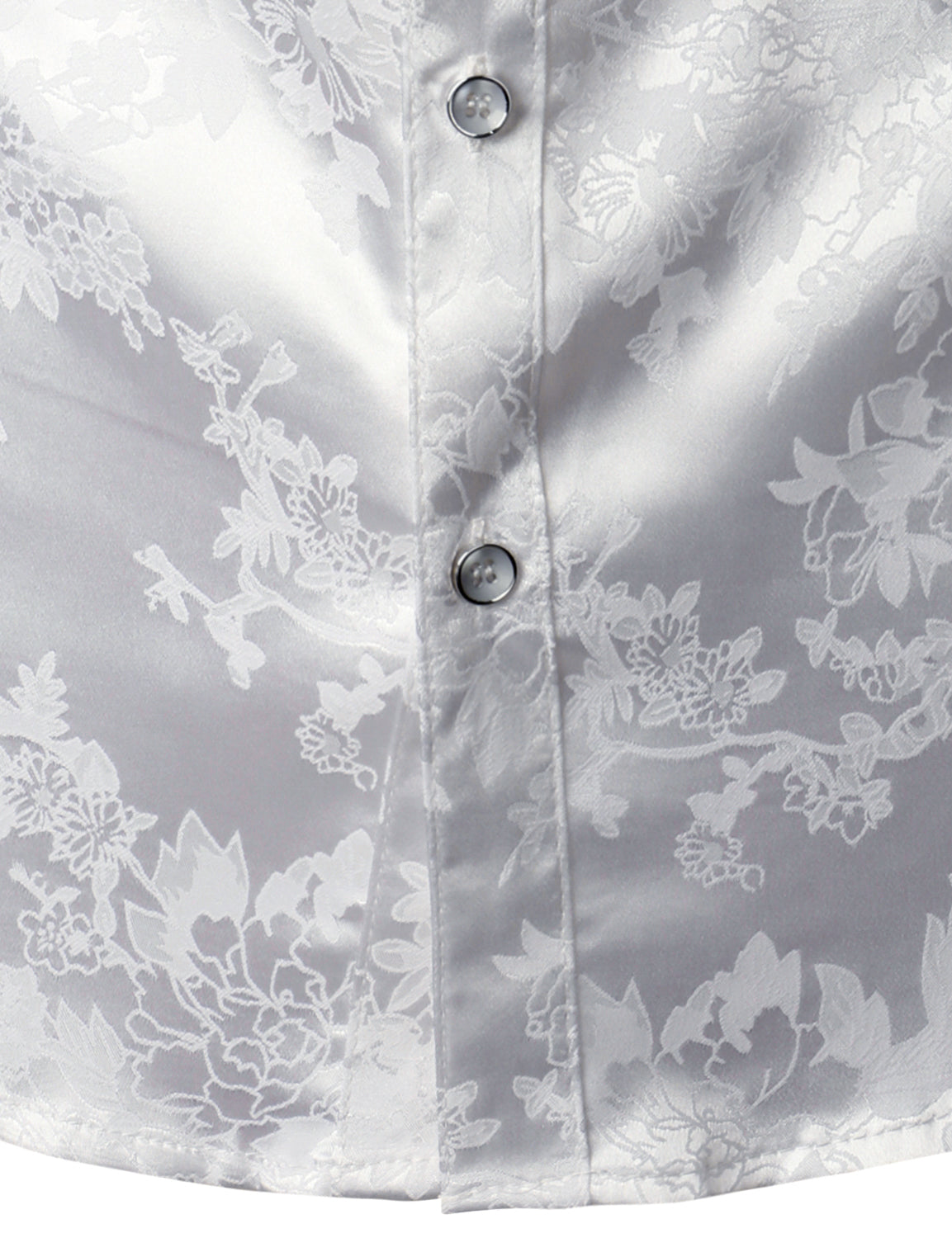 Men's Floral Jacquard Shiny Satin White Long Sleeve Button Up Dress Shirt