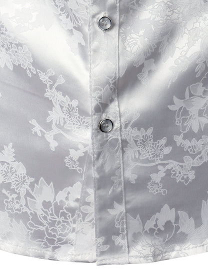 Men's Floral Jacquard Shiny Satin White Long Sleeve Button Up Dress Shirt