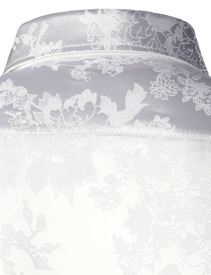 Men's Floral Jacquard Shiny Satin White Long Sleeve Button Up Dress Shirt