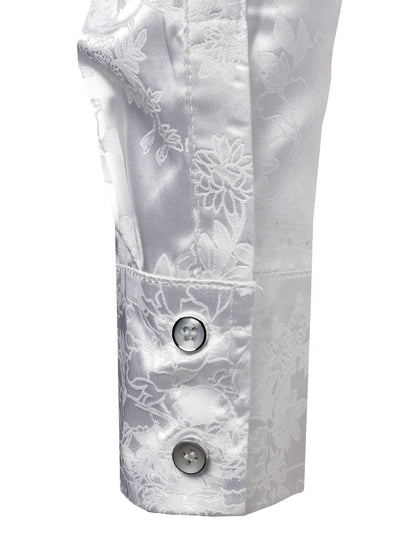 Men's Floral Jacquard Shiny Satin White Long Sleeve Button Up Dress Shirt