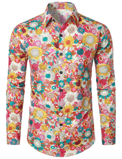 Men's Vintage Floral Print Cotton Flower Button Up 70s Long Sleeve Dress Shirt