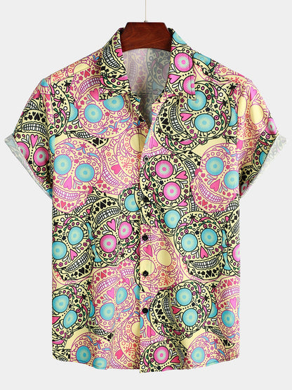 Men's Gold Skull Rose Print Short Sleeve Shirt