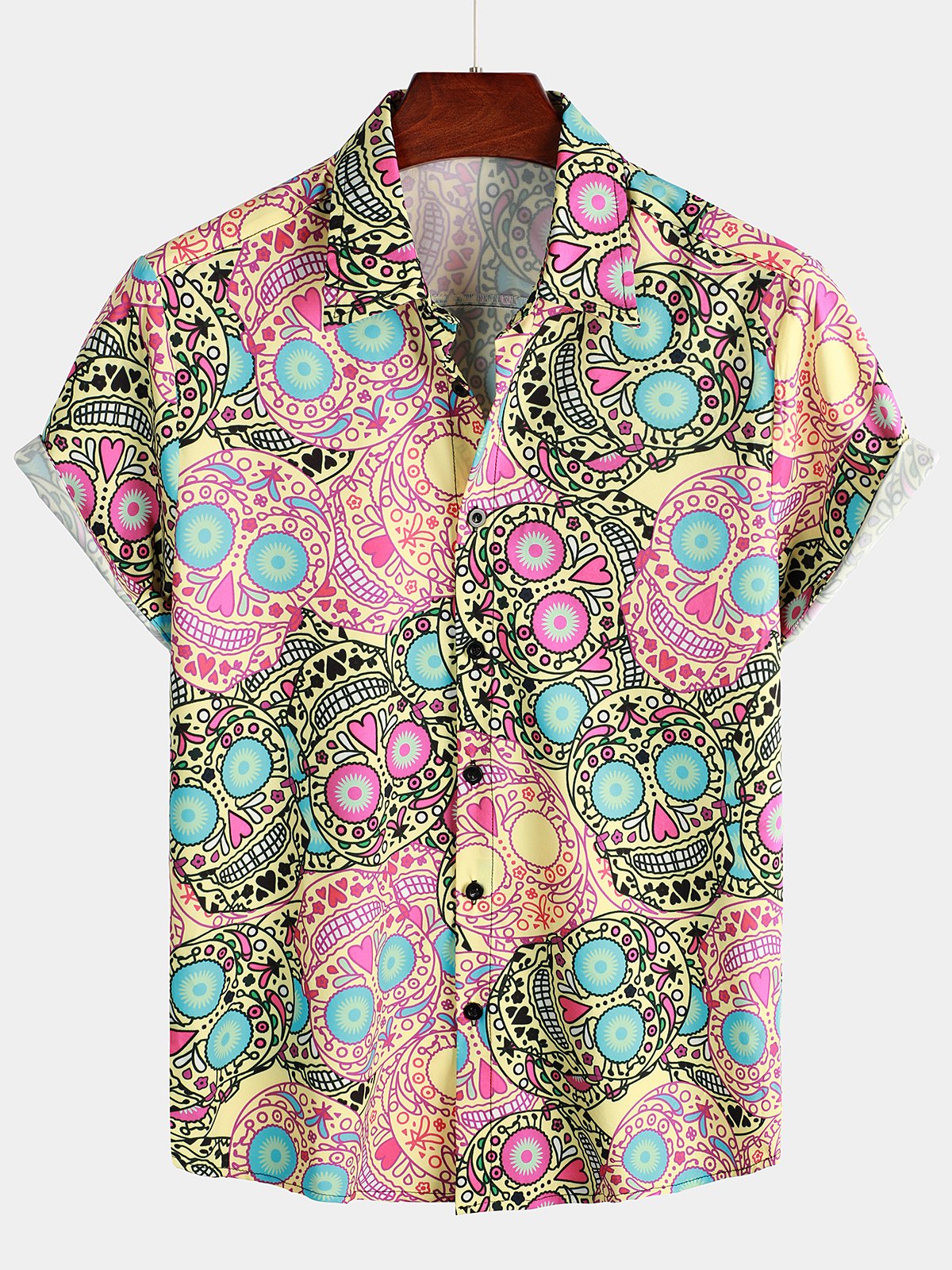 Men's Pink Funny Skull Print Short Sleeve Shirt