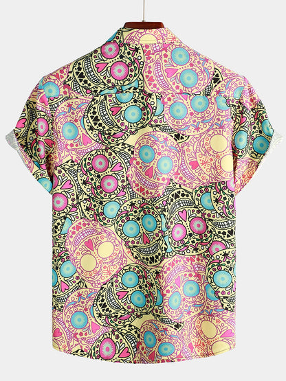 Men's Pink Funny Skull Print Short Sleeve Shirt