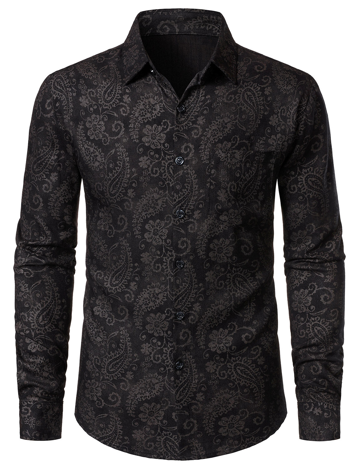 Men's Paisley Floral Black Long Sleeve Shirt