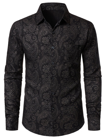 Men's Paisley Floral Black Long Sleeve Shirt