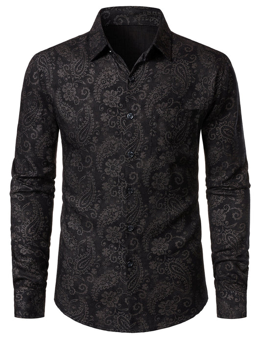 Men's Paisley Floral Black Long Sleeve Shirt