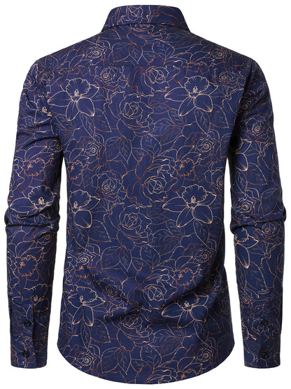 Men's Blue Casual Floral Print Long Sleeve Shirt