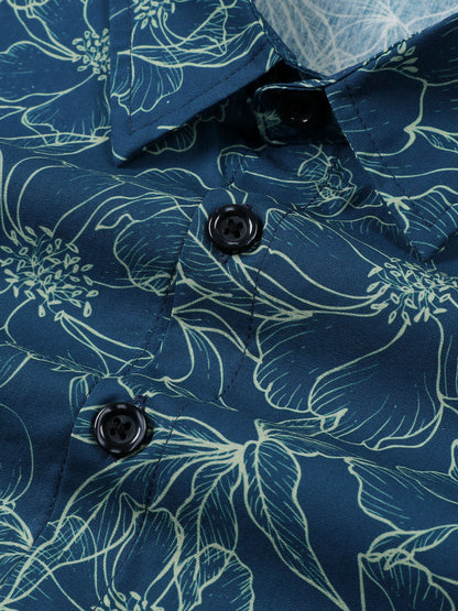 Men's Cotton Floral Blue Long Sleeve Shirt