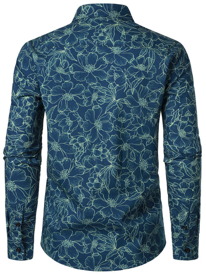 Men's Cotton Floral Blue Long Sleeve Shirt